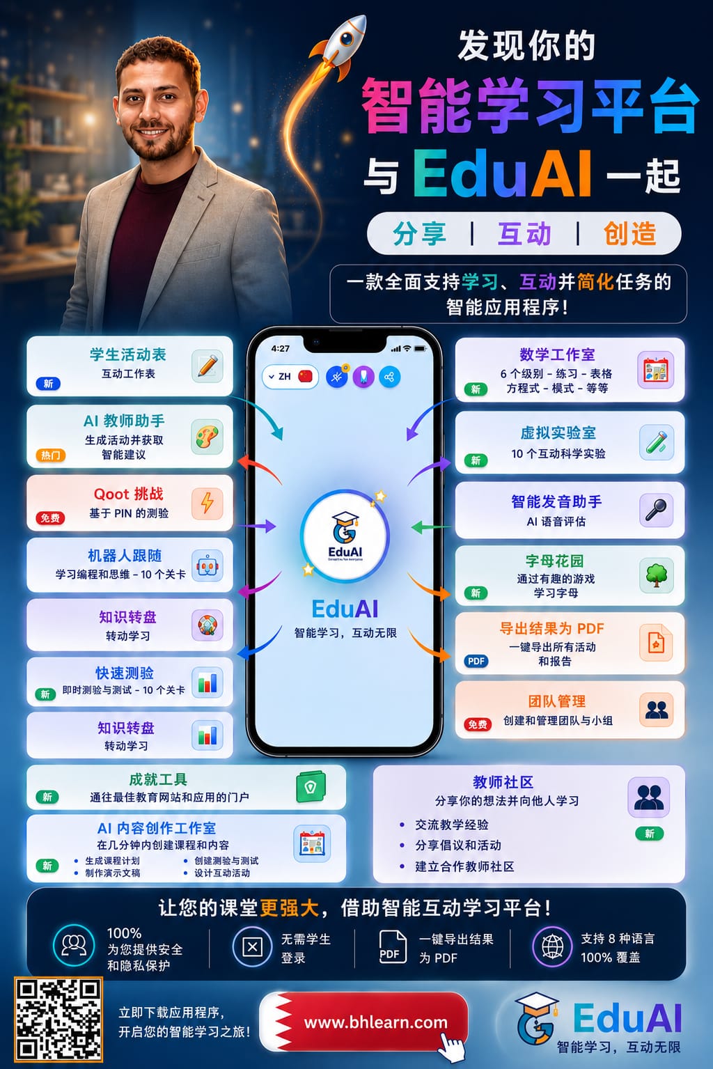 EduAI — 发现你的智能学习平台 · 分享 · 互动 · 创造 · 8种语言免费课堂工具